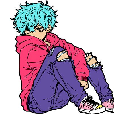 a male hoddie ripped jeans messy hair anime