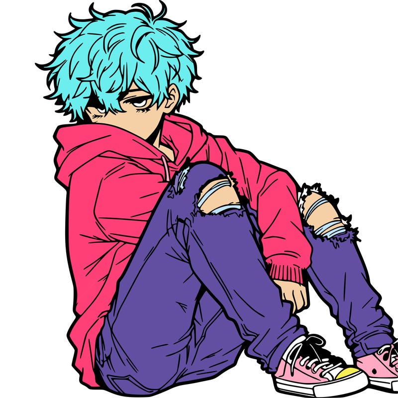 a male hoddie ripped jeans messy hair anime