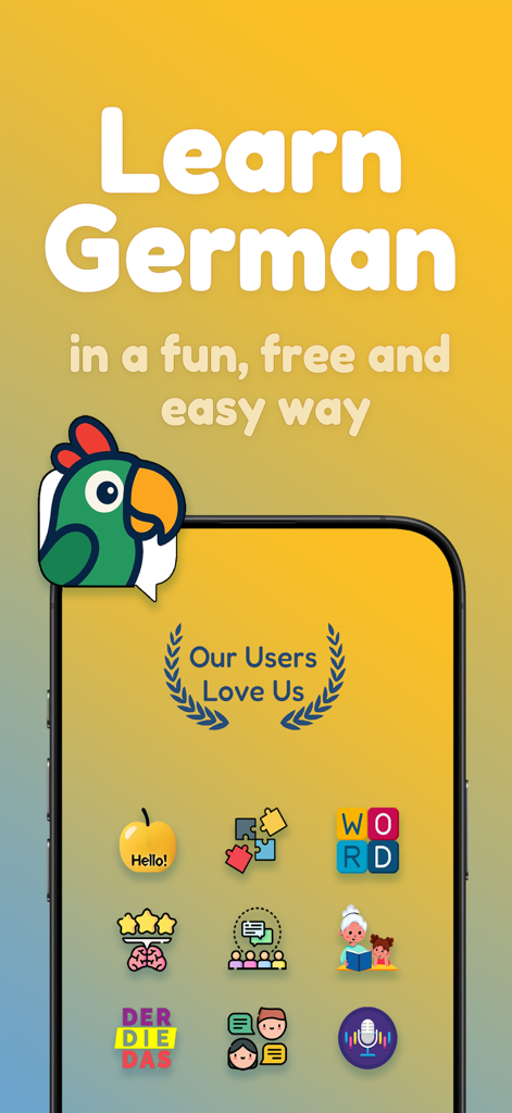 Hello German - Learn German - Interface do aplicativo móvel Hello German exibindo várias ferramentas e jogos de aprendizado de idiomas