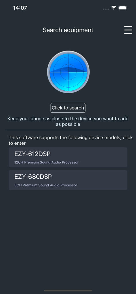 EZY-DSP - Interfaz de la aplicación EZY DSP que muestra la pantalla de búsqueda de equipos para procesadores de audio de coche