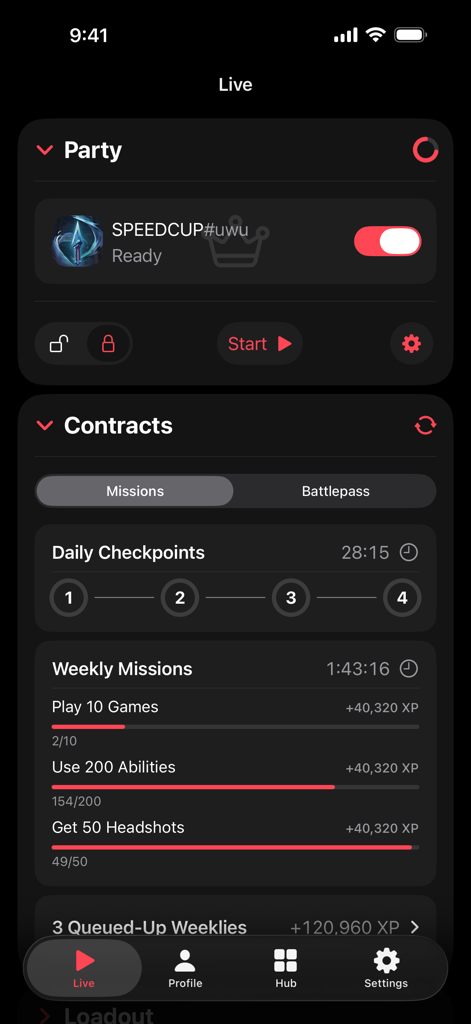 VALPAW app dashboard showing Valorant party management and weekly mission progress tracking.