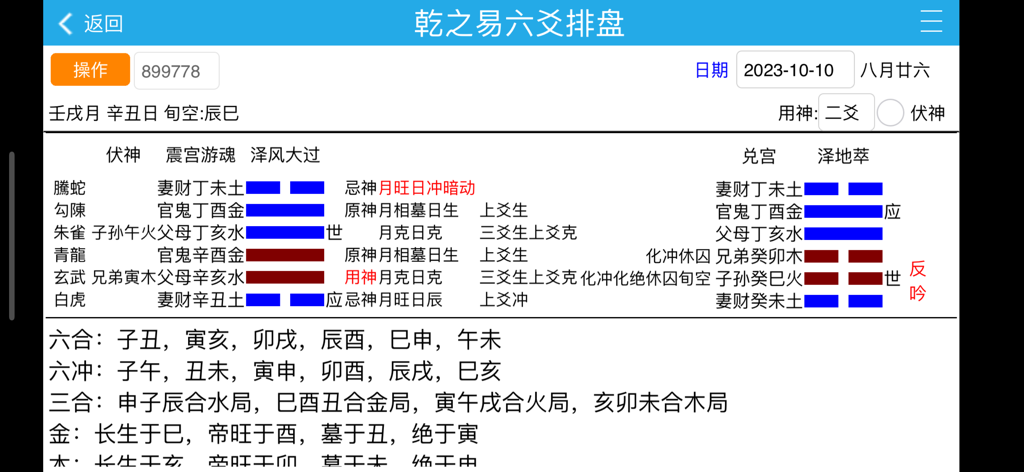 Detailed Liuyao divination layout screen from the Qian Zhi Yi I Ching reference app