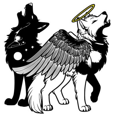 real life galaxy wolf howling with an angel wolf