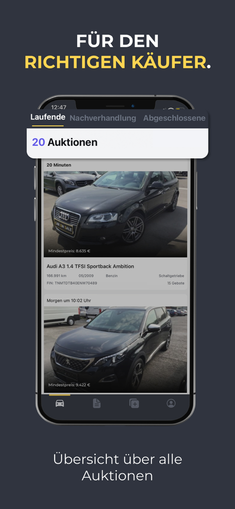 CarOnSale - Captura de tela do aplicativo móvel CarOnSale mostrando leilões ativos de carros usados para concessionárias profissionais.