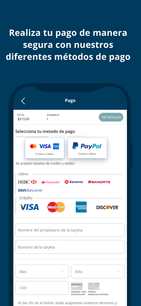 ETN: Transporte y Autobuses MX - Sichere Zahlungsbildschirm in der ETN-Bus-App mit verschiedenen Kreditkarten- und PayPal-Optionen
