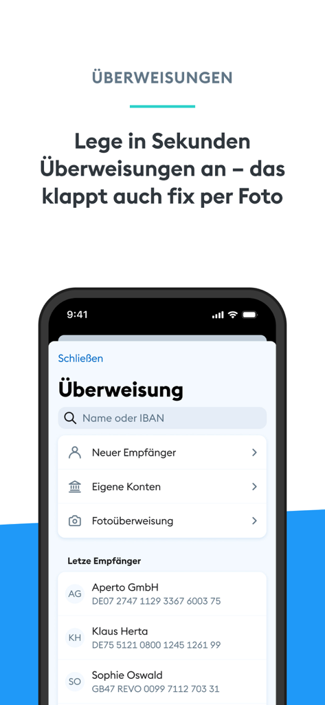 DKB banking app transfer screen showing options for new recipients and photo transfers