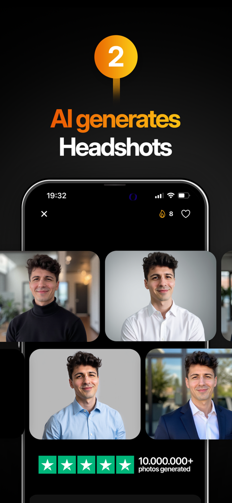 Dr. Headshot: Corporate Photos - Dr. Headshot app screen displaying AI generated corporate headshots in different outfits