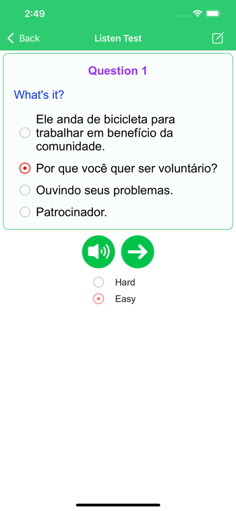 Learn Portuguese Premium - Listen test screen with Portuguese multiple choice questions and audio playback controls