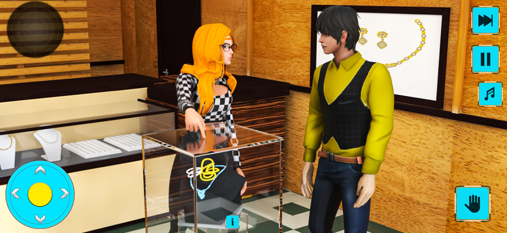 Real Life: My Love Story Games - A young couple selects a piece of jewelry in a luxury store scene