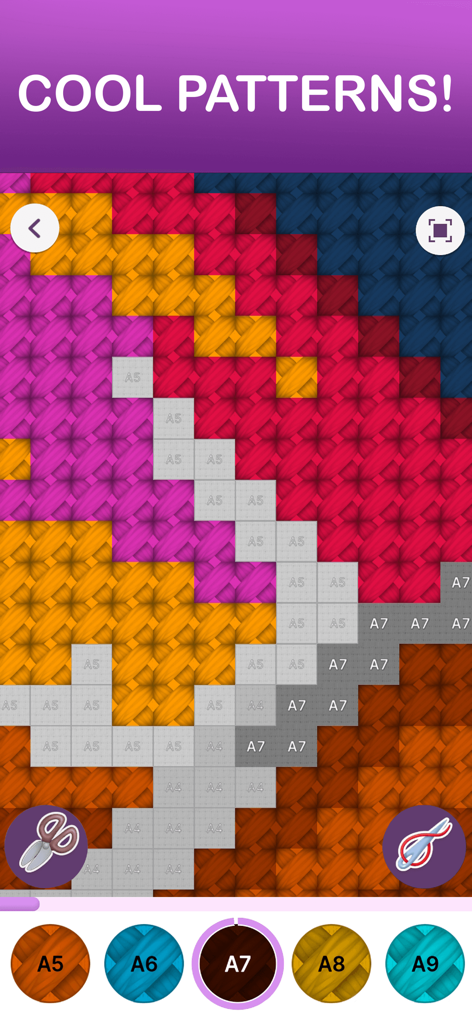 Cross Stitch: Pixel puzzle art - Eine digitale Kreuzstich-Schnittstelle, die bunte Fadenmuster und ein Malen-nach-Zahlen-Raster anzeigt.