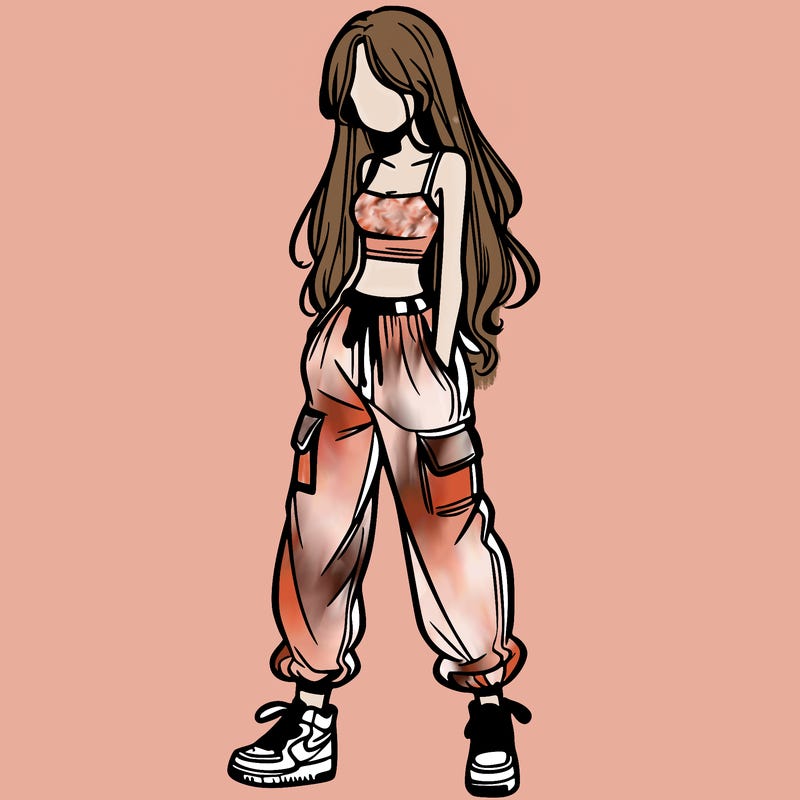 girl in baggy pants crop top and long hair