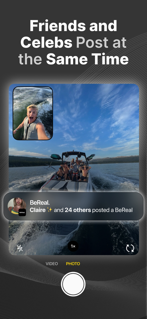 BeReal app screenshot showing a dual camera photo of friends on a boat with a synchronous post notification.