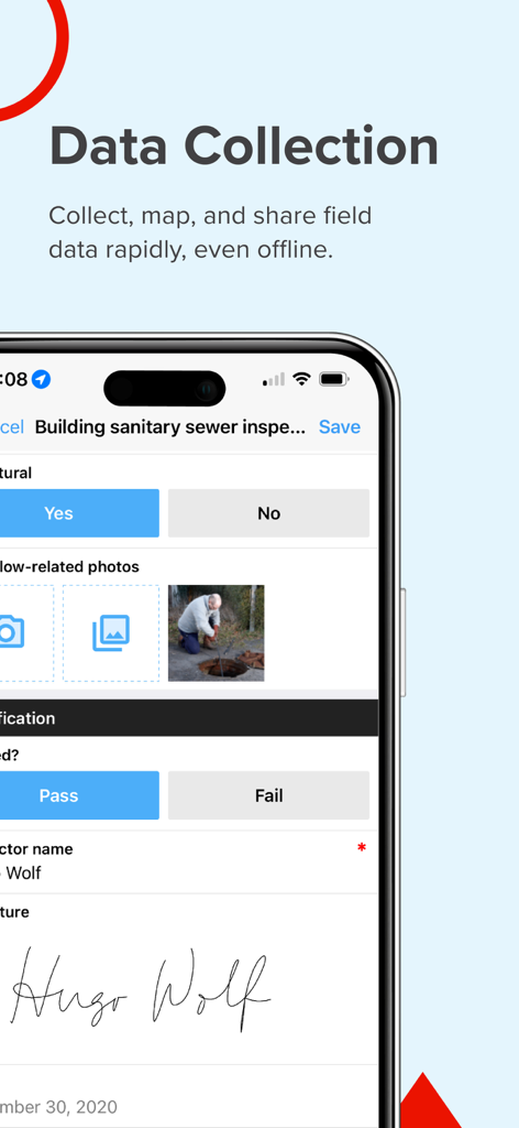 Eine mobile Oberfläche der Fulcrum App, die ein Inspektionsformular für sanitäre Kanäle mit einem Foto des Arbeiters und einer digitalen Unterschrift zeigt.