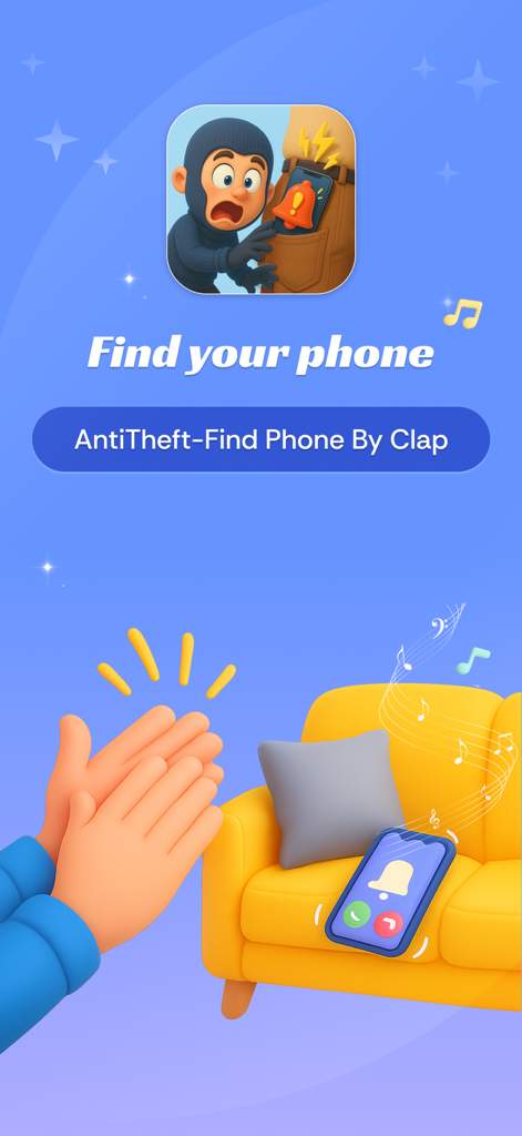 Amor AntiTheft-Clap Find Phone - A phone ringing on a yellow couch in response to hands clapping