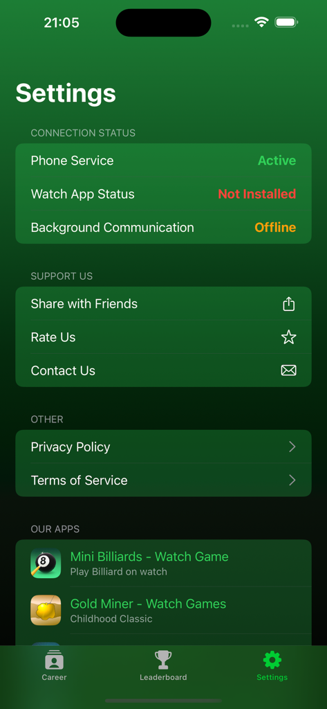 Mini Landlord - Watch Game - Settings screen of the Mini Landlord iPhone companion app showing connection status and related watch games
