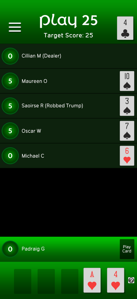 Play 25 - Multiplayer gameplay screen of the Play 25 card game showing player scores and cards played
