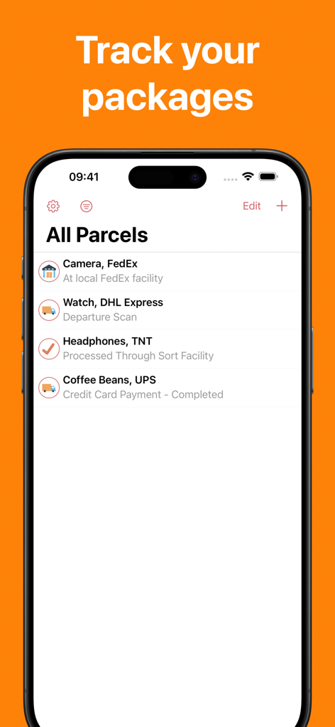 Find My Parcels - iPhone display of the Find My Parcels app showing a list of tracked packages from FedEx, DHL, TNT, and UPS with status updates