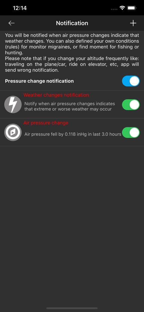 Notification settings screen in Barometer Plus app showing custom rules for weather and air pressure changes