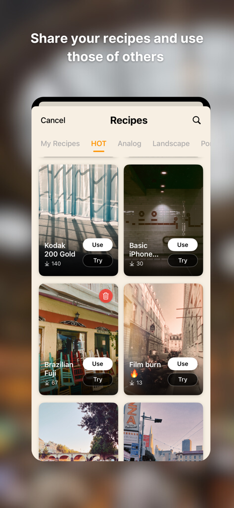 PostPic-Aesthetic Pics Editor - A mobile interface for PostPic showing the Recipe Hub where users can discover and use community-shared film presets and photo editing filters.