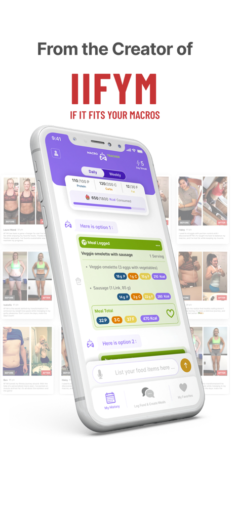 Macro Max: AI Macro Tracker - Macro Max AI 매크로 트래커 앱 인터페이스에 IIFYM 브랜딩 및 사용자 변화 사진이 포함된 매크로 세부 정보 및 일일 진행 상황이 표시된 기록된 채소 오믈렛 표시