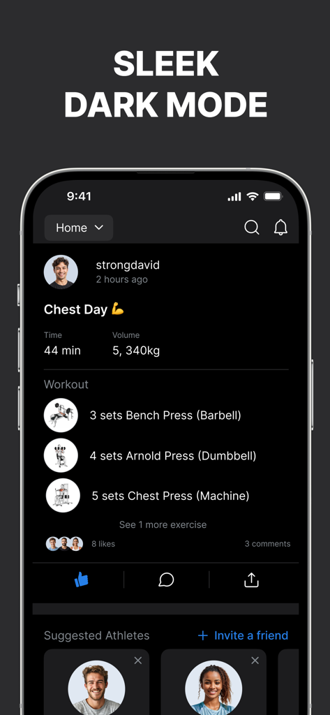 Hevy - Workout Tracker Gym Log - Interfaz de la aplicación Hevy que muestra un registro de entrenamiento para el día de pecho en modo oscuro con detalles del ejercicio e interacciones sociales.