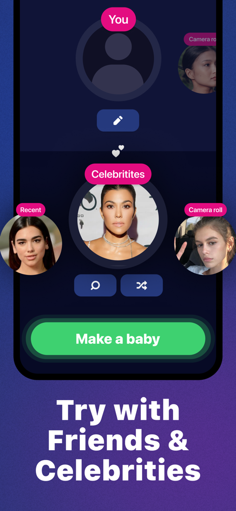 Interface of BabyLab app showing a user selecting a celebrity photo to generate a future baby image