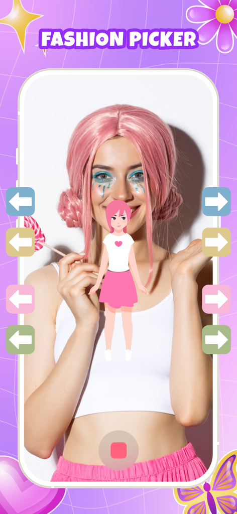 Dress Challenge: Fun Up Filter - A screenshot of the fashion picker filter in the Dress Challenge app showing a cartoon character overlay on a person with pink hair.