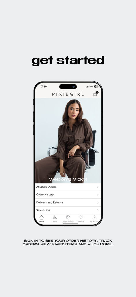 PIXIEGIRL | PETITE FASHION - Painel da conta do aplicativo de moda para pequenas PixieGirl mostrando histórico de pedidos, guia de tamanhos e opções de entrega em uma tela de smartphone.