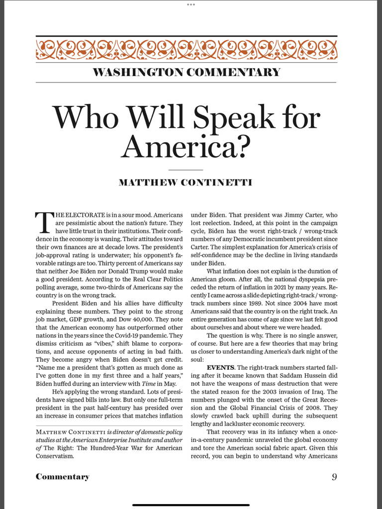 Versión digital de un artículo de Commentary Magazine titulado ¿Quién hablará por Estados Unidos