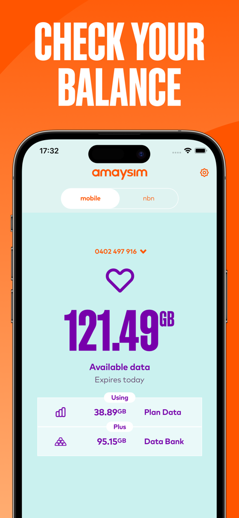 amaysim app screen displaying available data balance and data bank information
