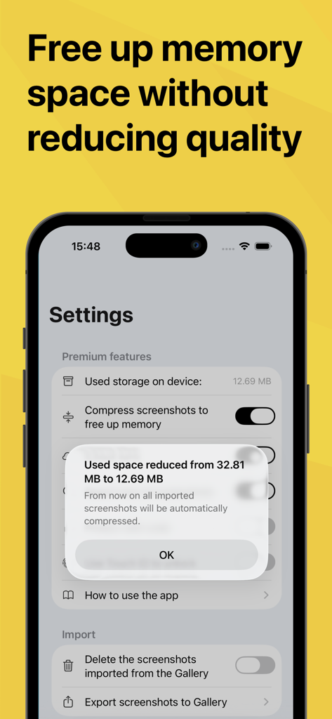 Screenshot PRO Screenshots App - Mobile app screen showing memory space reduction by compressing screenshots