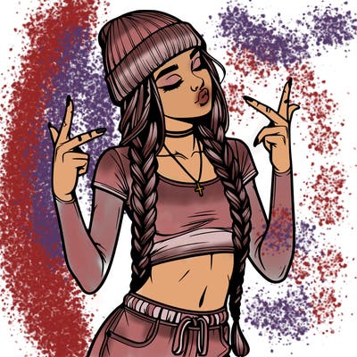 realistic teenage girl with braids and a beanie and crop top doing 🫶🏼