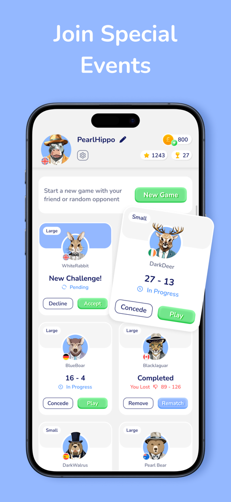 WordPix social lobby showing multiplayer match challenges and animal character avatars.