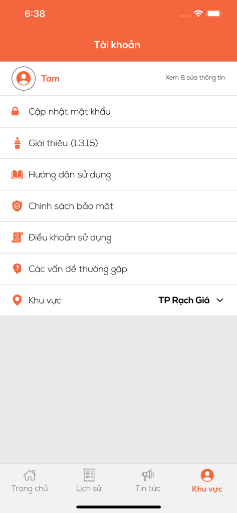 Account settings and profile menu of the App Shipping mobile app in Vietnamese.