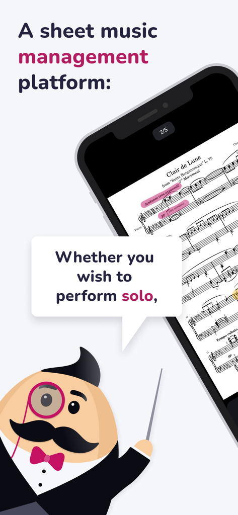 Maestro Amadeus - Sheet Music - Smartphone zeigt annotierte Noten für einen Solo-Auftritt in der Maestro Amadeus App mit einem Dirigenten-Maskottchen.