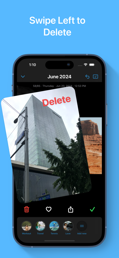 Interfaz de la aplicación Swipp mostrando una foto que se desliza hacia la izquierda para eliminarla