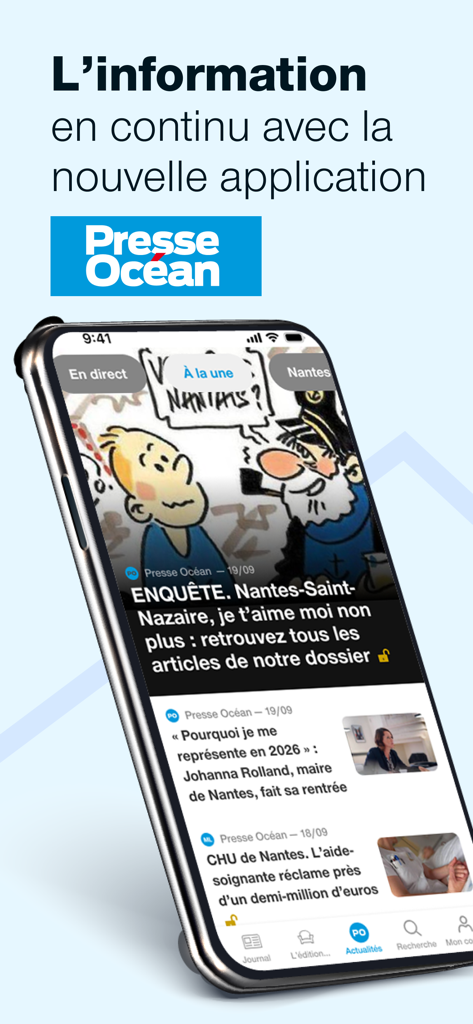 Presse Océan - Le Journal - Smartphone showing the Presse Ocean mobile app interface with local news from Nantes and Saint-Nazaire.