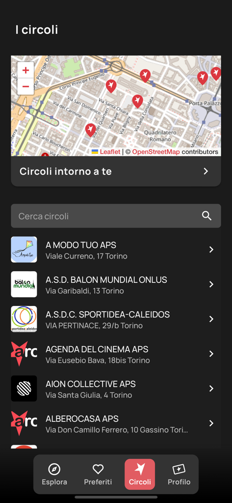 Tessera ARCI - Tessera ARCI app interface showing a map with location pins and a list of cultural clubs in Turin.