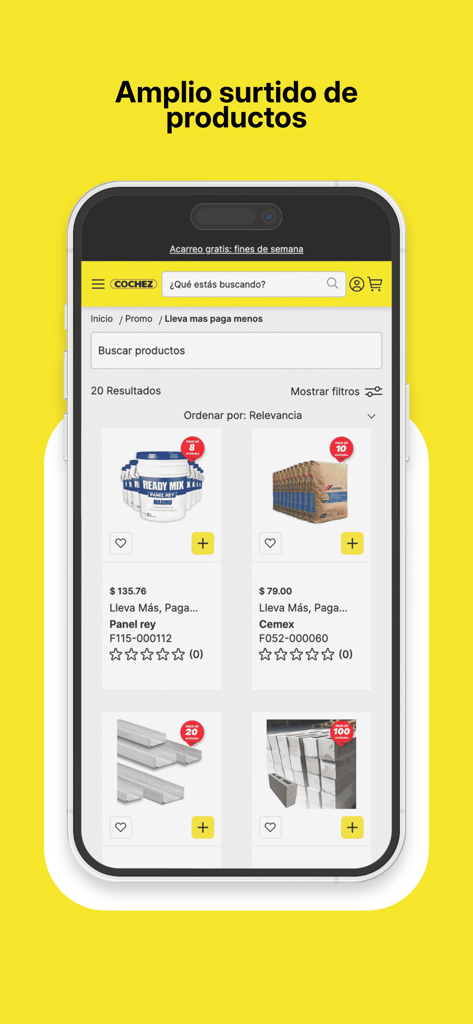 Catálogo de productos de la aplicación móvil Cochez Panama mostrando materiales de construcción y suministros.