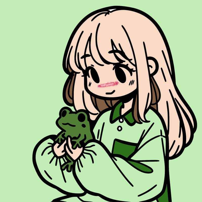 girl with long hair and a oversized shirt. and she is holding a frog