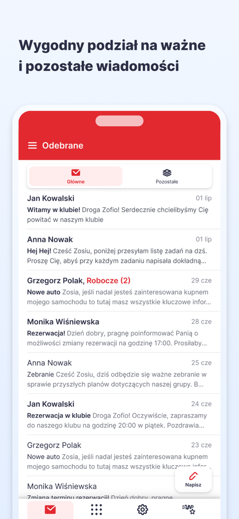 WP Poczta - WP Poczta mobile app inbox showing categorized email messages in Polish