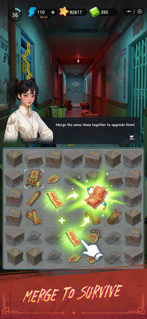 Haunted Merge: Horror Story - Un tablero de acertijos de fusión con talismanes sobrenaturales y un personaje en un pasillo espeluznante de Haunted Merge Horror Story