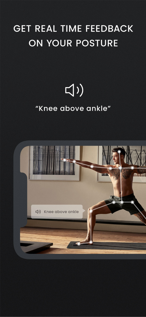 Skill Yoga - Train Mind & Body - Interfaz de la aplicación Skill Yoga mostrando retroalimentación de IA en tiempo real sobre una pose de yoga con seguimiento de esqueleto.