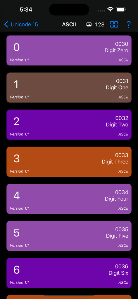 Screenshot of Technicode app displaying a list of ASCII digit characters with their hex codes and official names