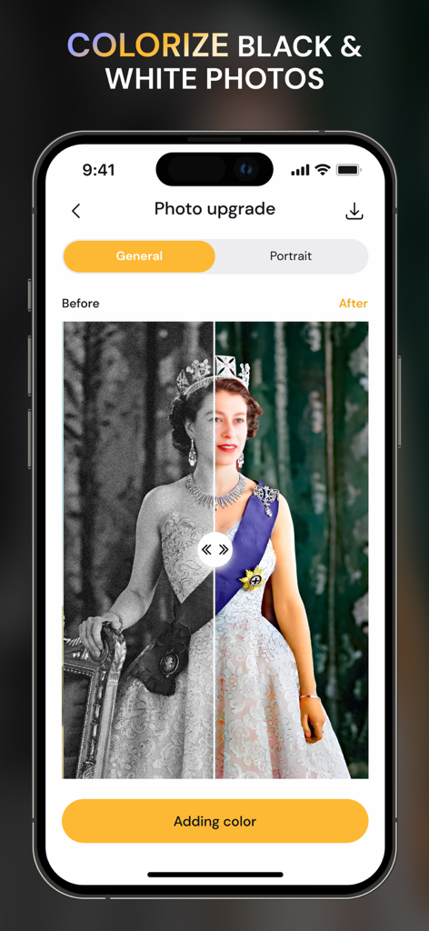 AI写真エンハンサーを使用してカラー化された白黒ポートレートのビフォーアフター比較。