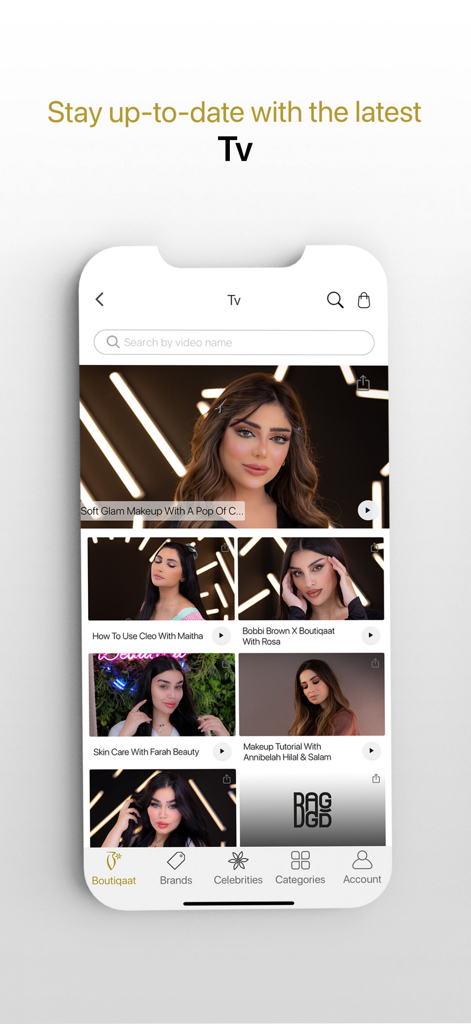 Boutiqaat TV interface featuring makeup and beauty video tutorials by influencers
