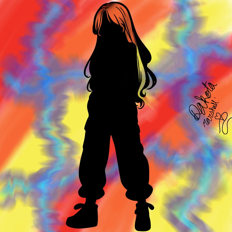 girl in baggy pants crop top and long hair