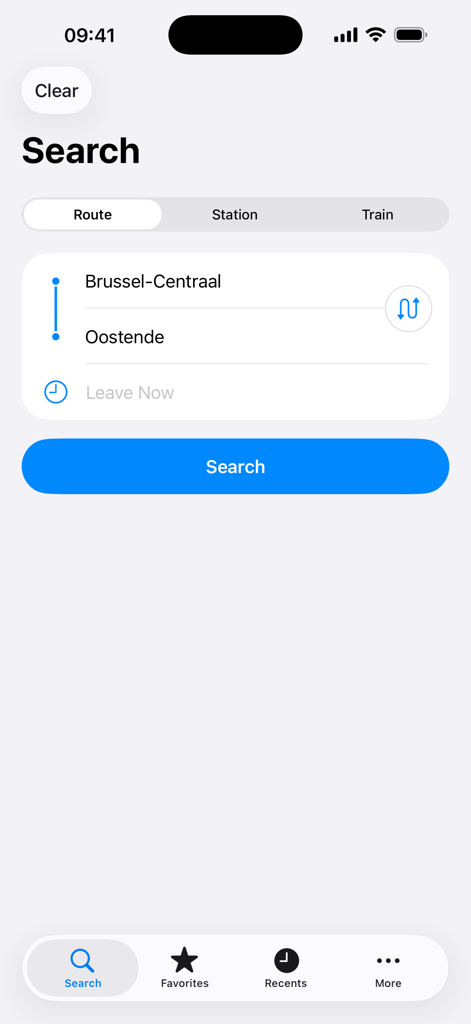 Railer – Train timetable - Capture d'écran de recherche de l'application Railer affichant un itinéraire ferroviaire de Bruxelles-Central à Ostende.