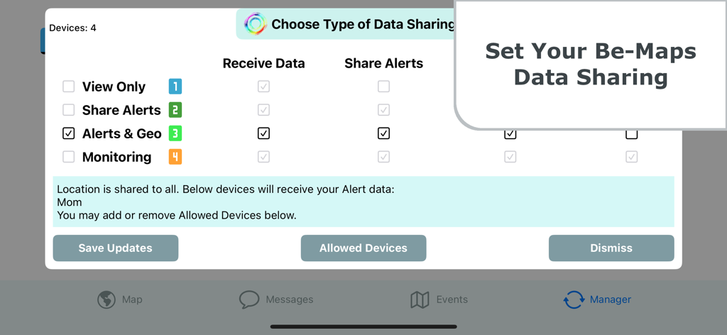 Be-Maps - Interfaz de la aplicación Be-Maps que muestra la pantalla de configuración para compartir datos privados y configuraciones de alertas