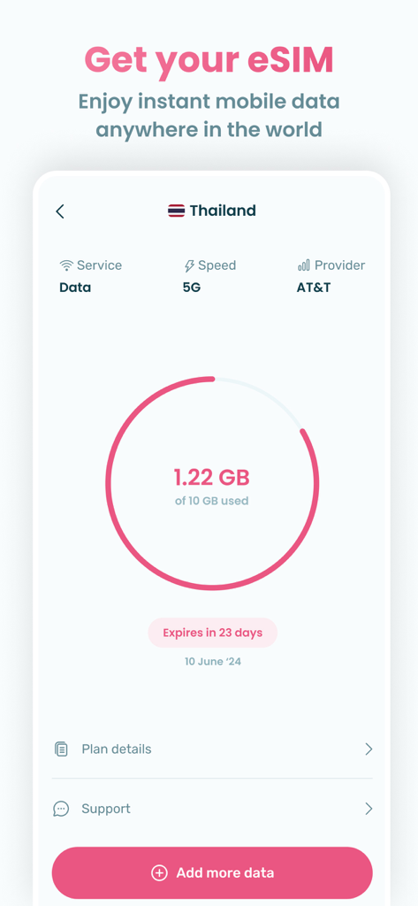 Stippl-App-Bildschirm, der die Nutzung von Reise-eSIM-Daten für Thailand mit 5G-Geschwindigkeit anzeigt.